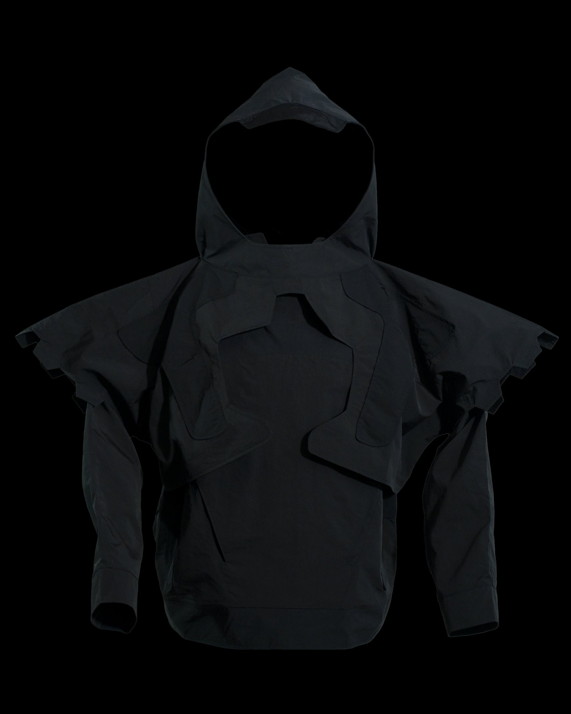 black battle mech robot futuristic jacket, front view