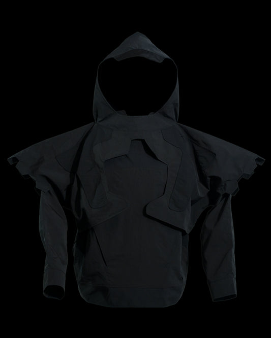 black battle mech robot futuristic jacket, front view