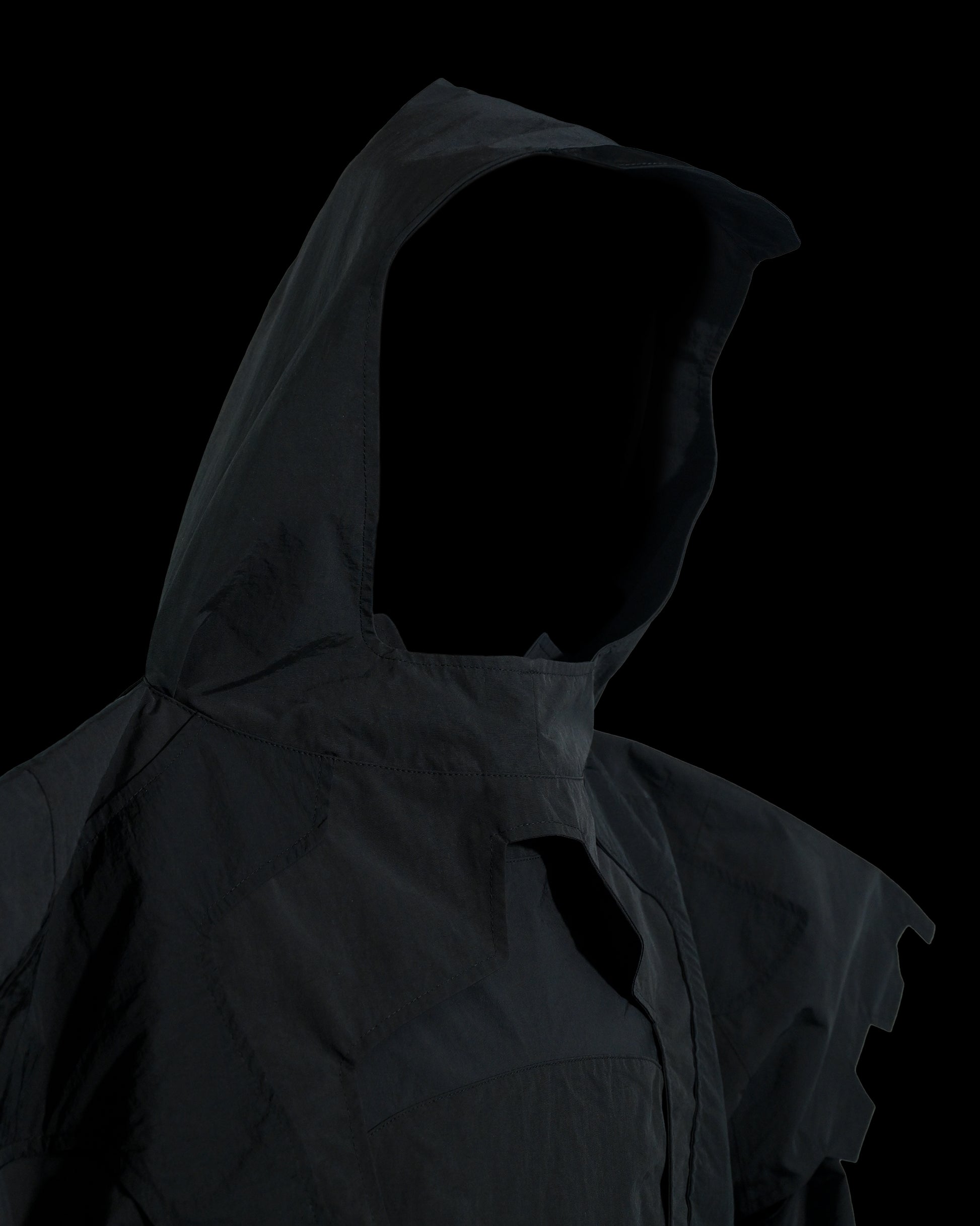 black battle mech robot futuristic jacket, hood view