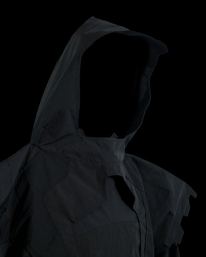 black battle mech robot futuristic jacket, hood view
