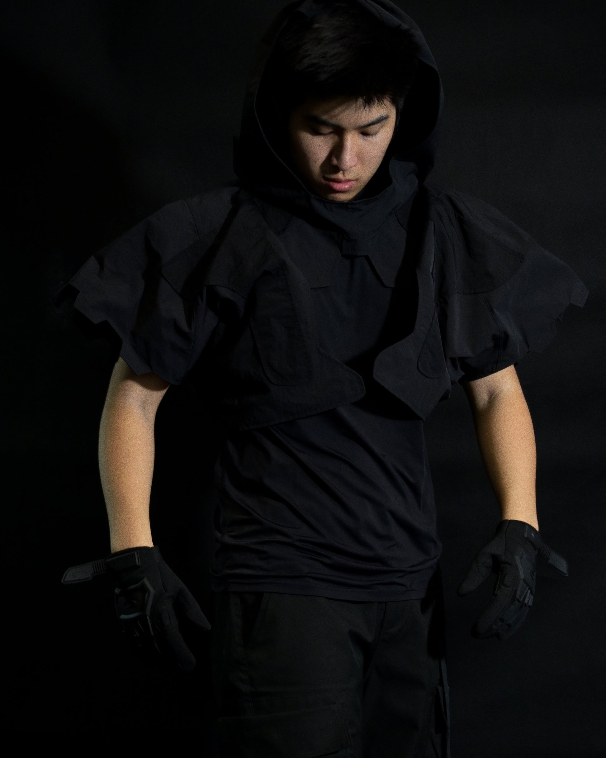 black battle mech robot futuristic jacket, model view