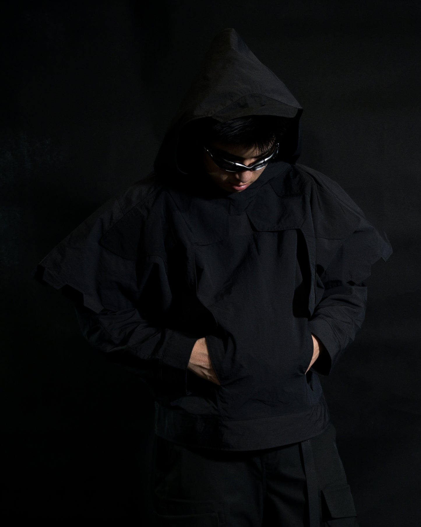 black battle mech robot futuristic jacket, front model view