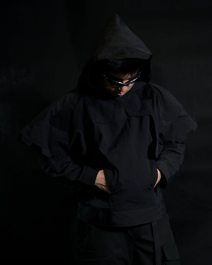 black battle mech robot futuristic jacket, front model view