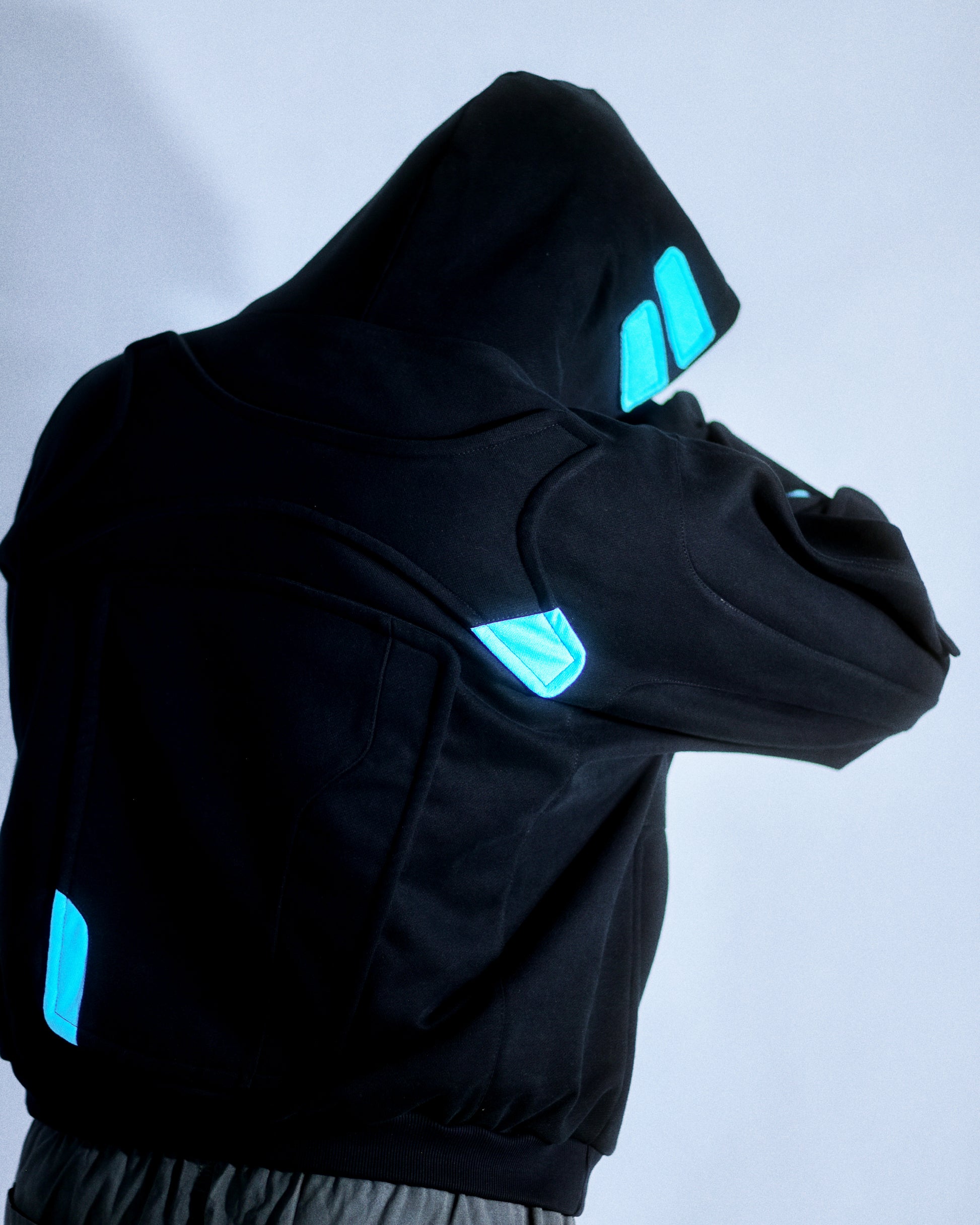 black cryogenic sci-fi hologram hoodie, back model view
