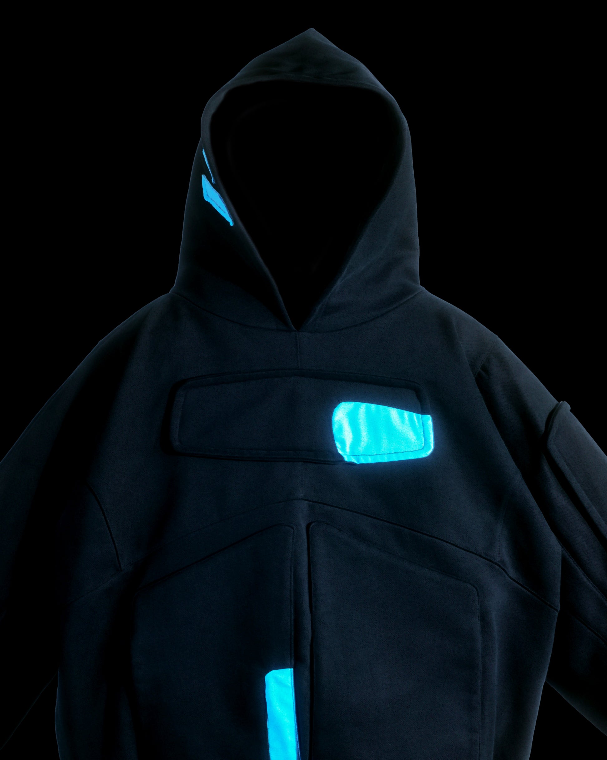 black cryogenic sci-fi hologram hoodie, front close up view