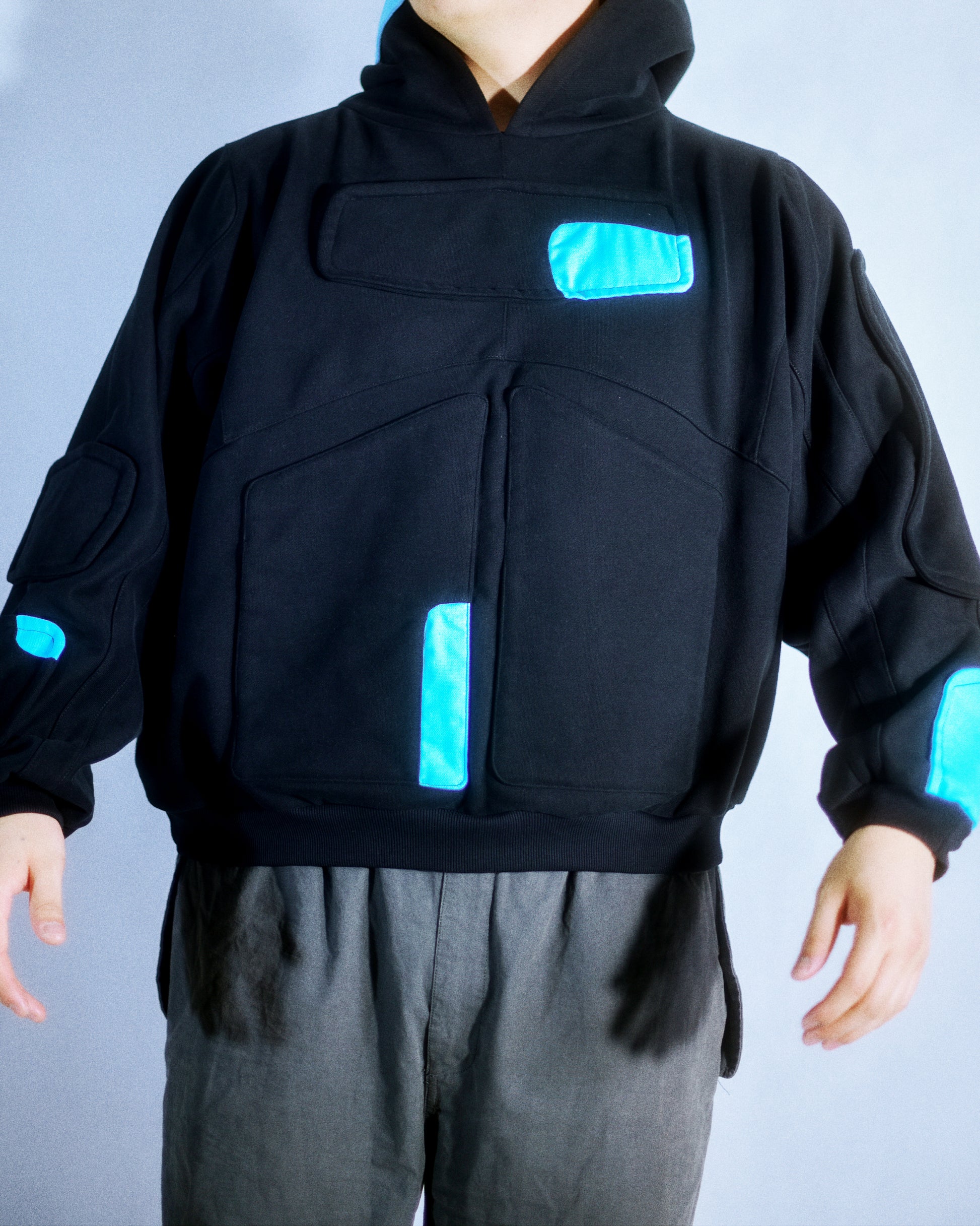 black cryogenic sci-fi hologram hoodie, front model view