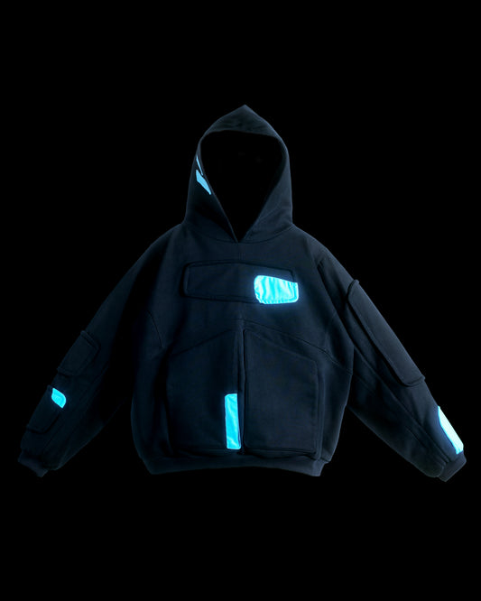 black cryogenic sci-fi hologram hoodie, front view