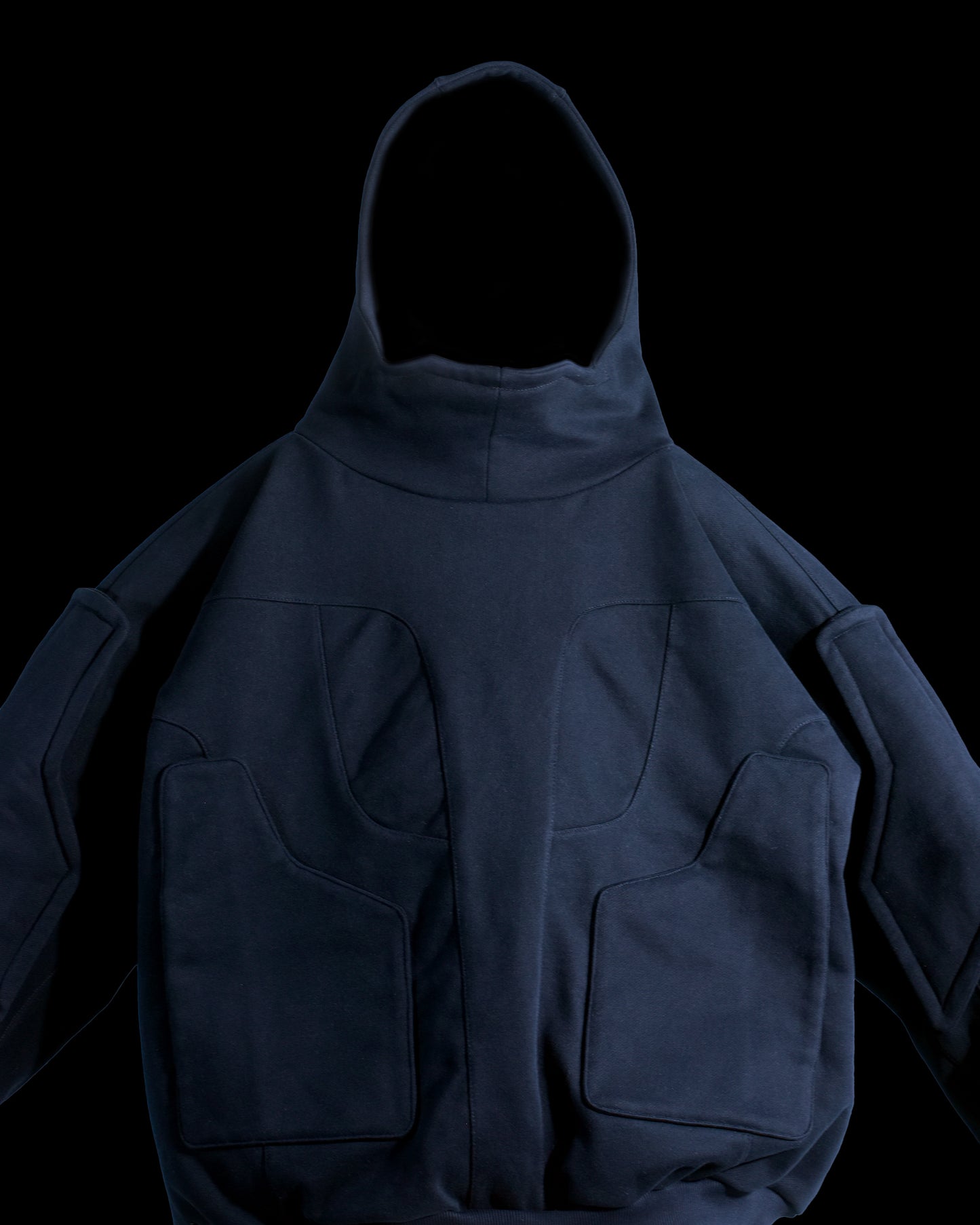 black dark dystopian heavyweight pullover hoodie, front close up view