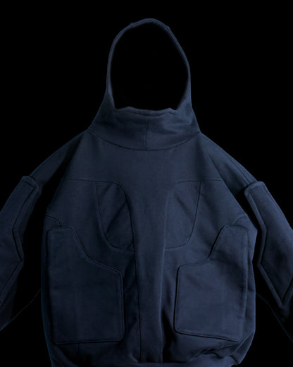 black dark dystopian heavyweight pullover hoodie, front close up view