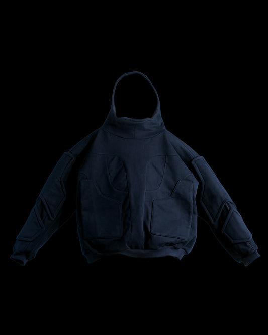 black dark dystopian heavyweight pullover hoodie, front view