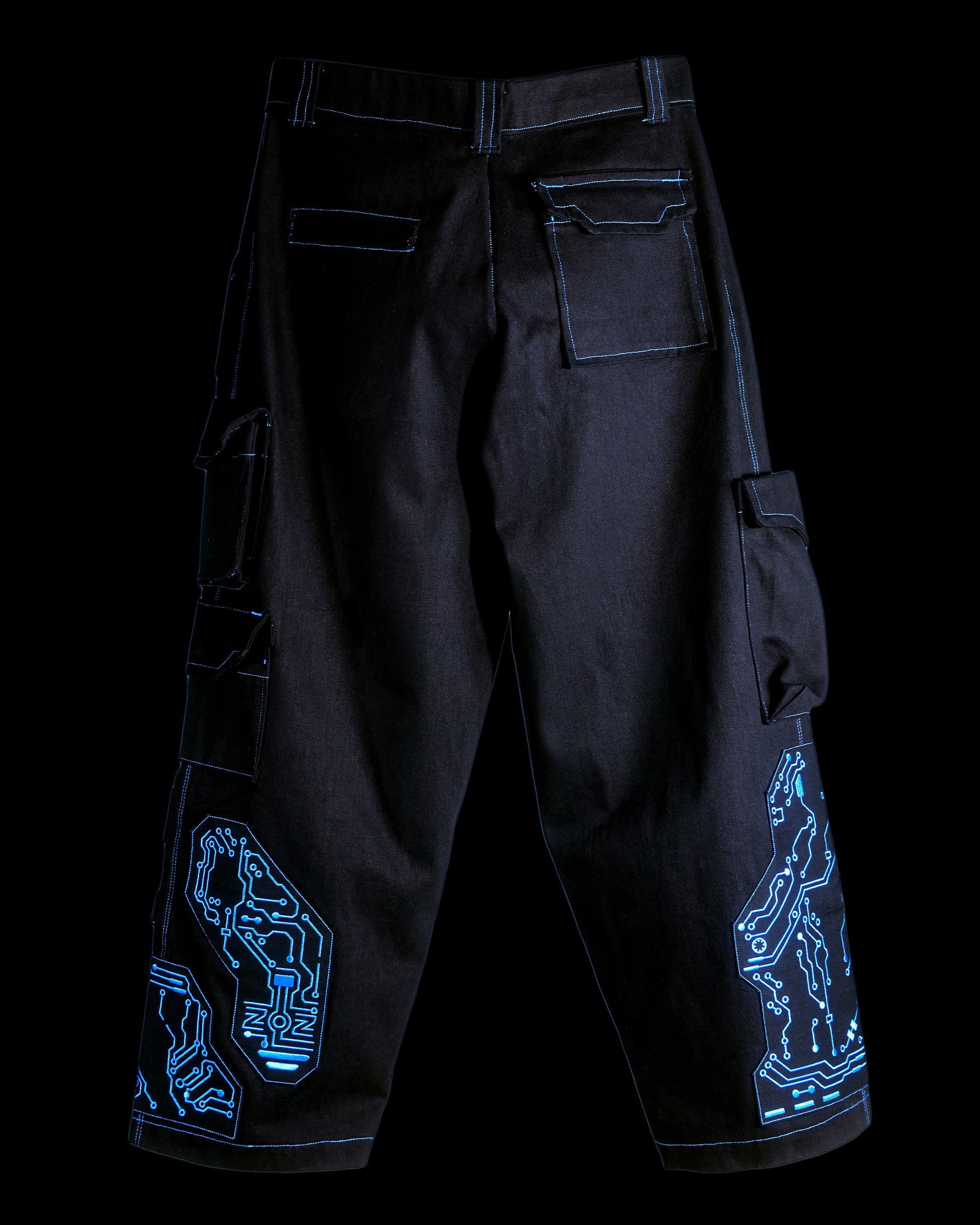 black denim grid futuristic techno circuit cyborg pants, back view