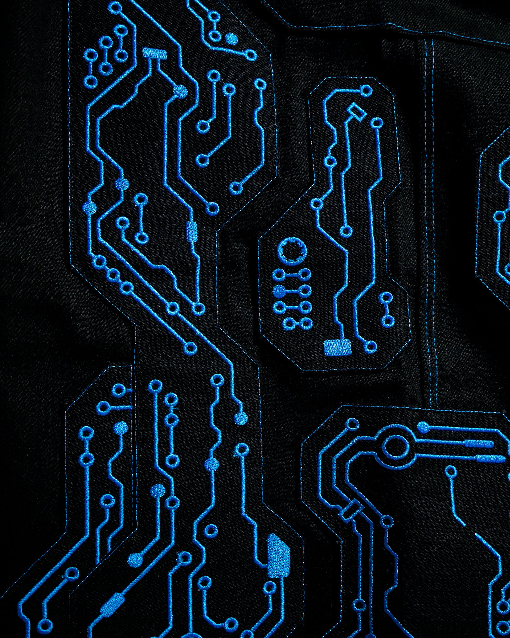 black denim grid futuristic techno circuit cyborg pants, embroidery detail