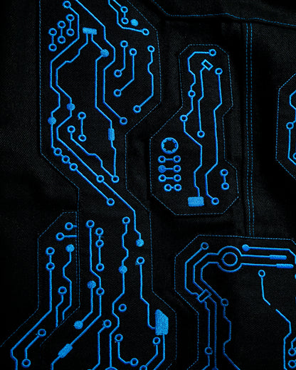 black denim grid futuristic techno circuit cyborg pants, embroidery detail