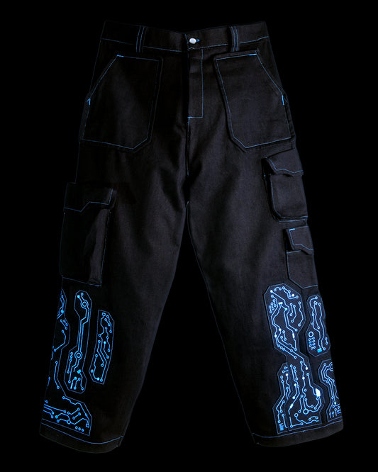 black denim grid futuristic techno circuit cyborg pants, front view