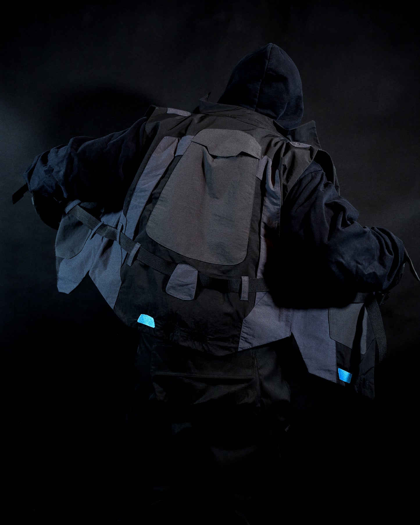 black dystopian post apocalyptic windbreaker vest, back model view