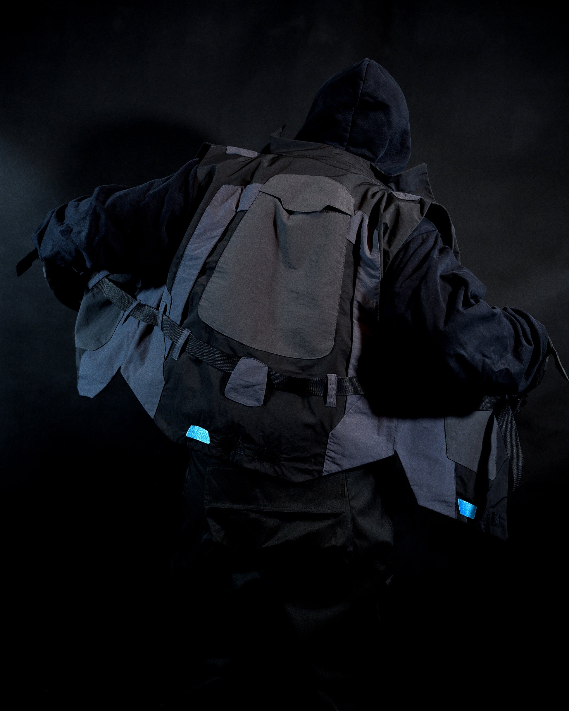 black dystopian post apocalyptic windbreaker vest, back model view
