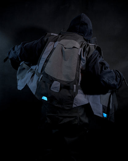black dystopian post apocalyptic windbreaker vest, back model view