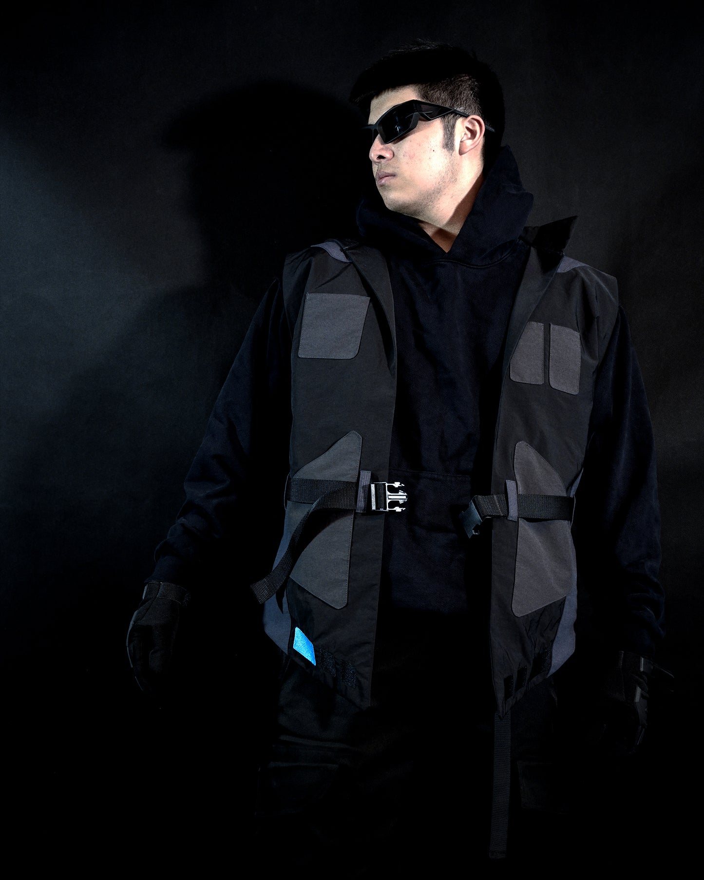 black dystopian post apocalyptic windbreaker vest, front model view