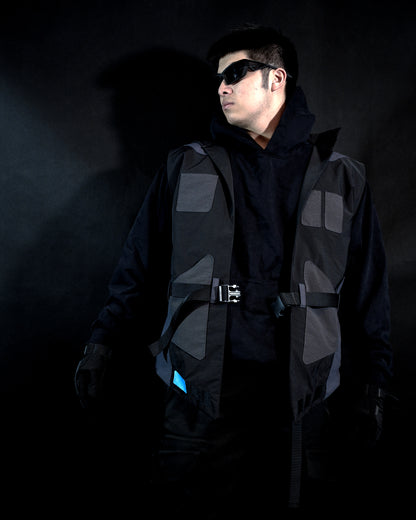 black dystopian post apocalyptic windbreaker vest, front model view