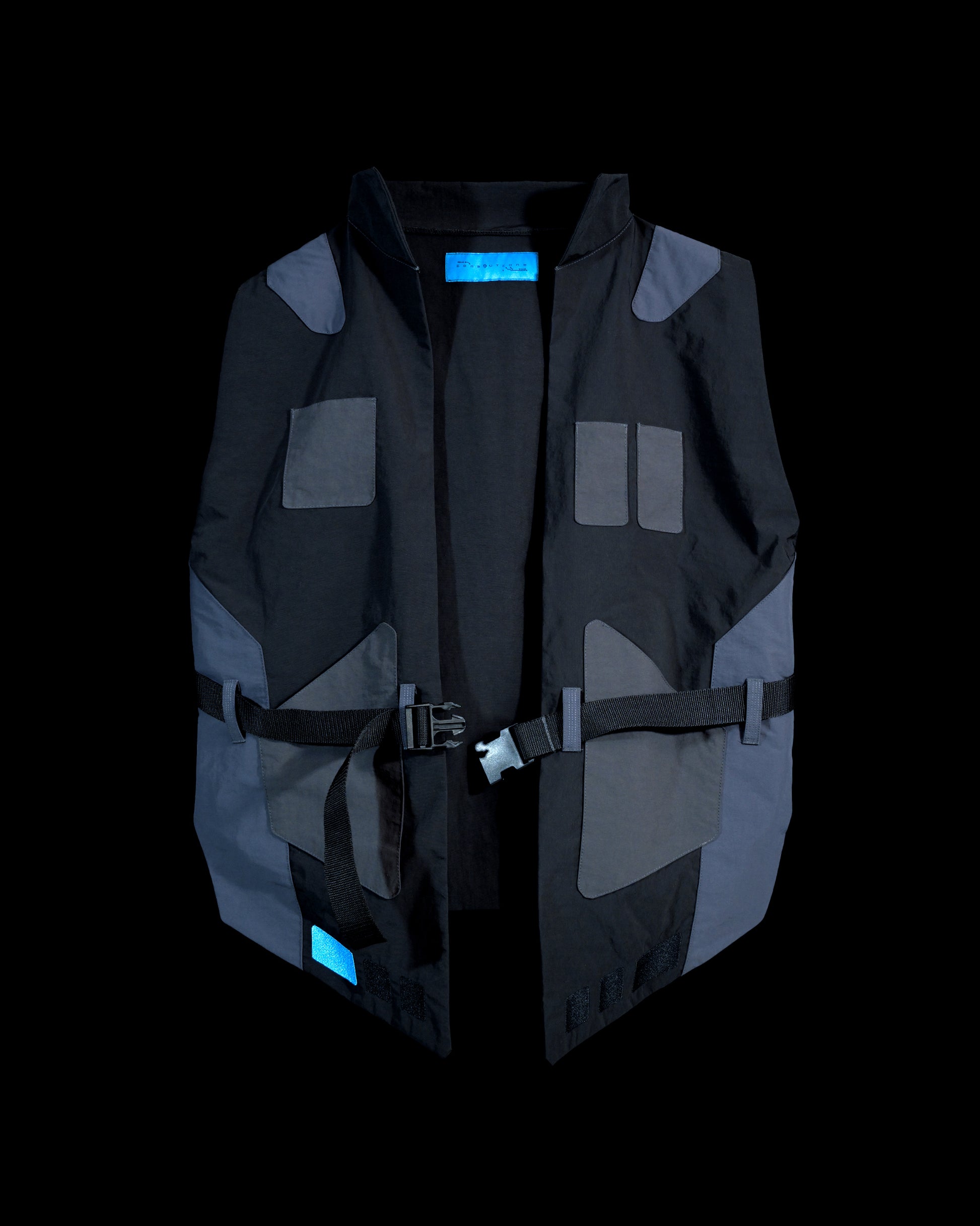 black dystopian post apocalyptic windbreaker vest, front view