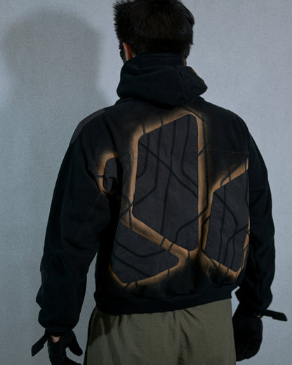 black eclipse air brushed archive streetwear hoodie, back model view