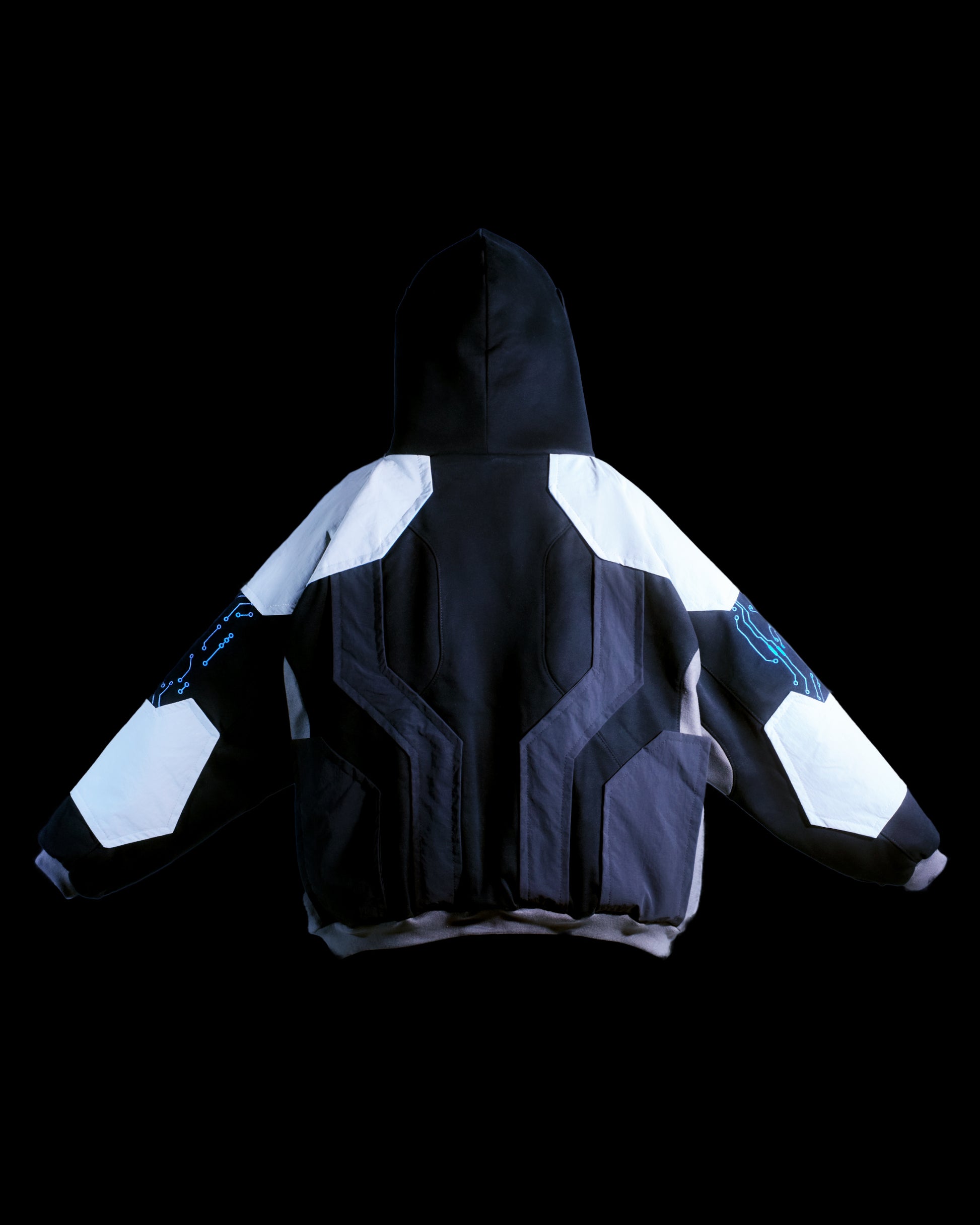 Black hoodie with futuristic grid tech wear style, back view