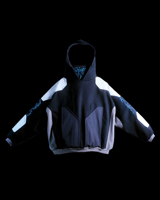 Black hoodie with futuristic grid tech wear style, front view