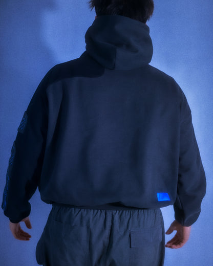 black grid circuit techwear cyberpunk hoodie, back view