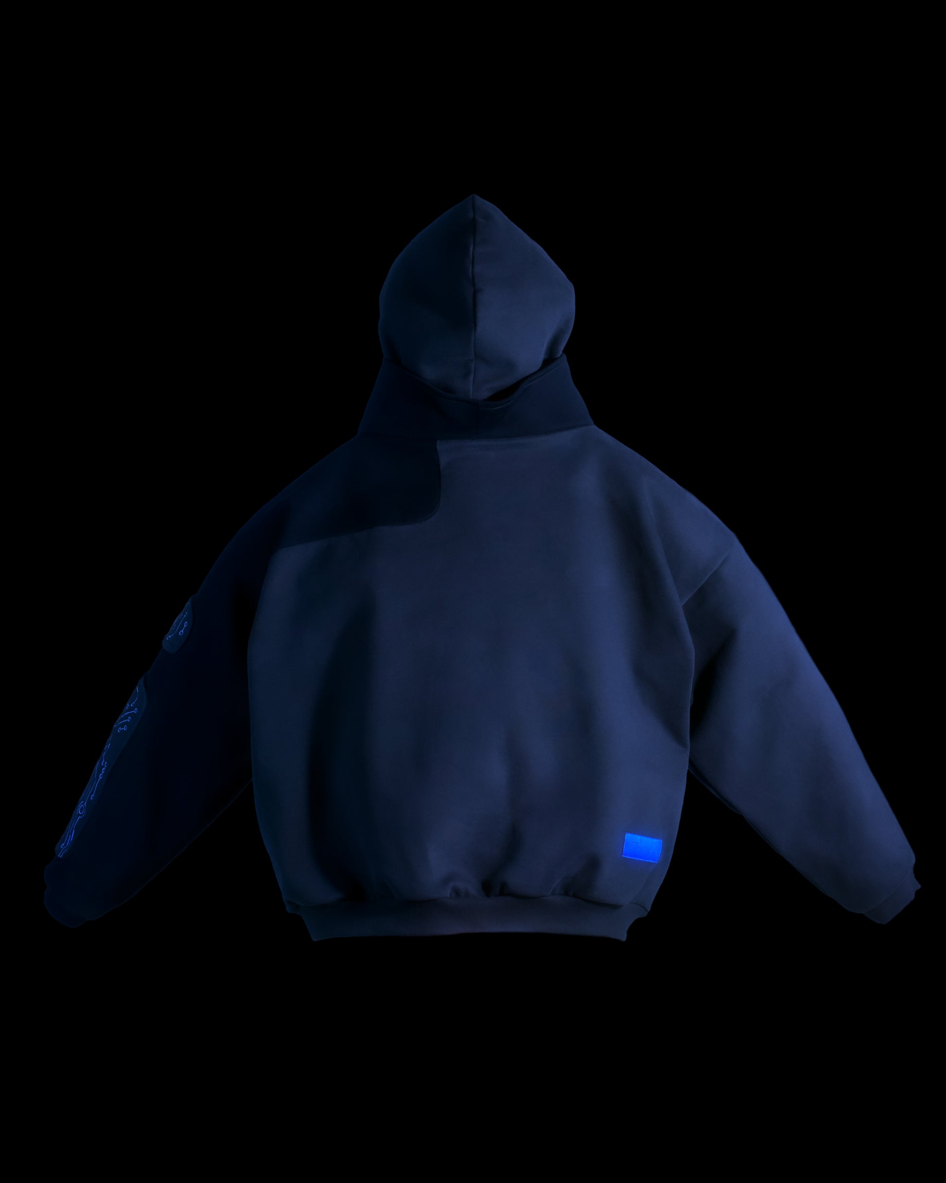 black grid circuit techwear cyberpunk hoodie, back view