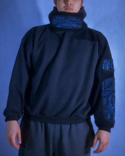 black grid circuit techwear cyberpunk hoodie, front model view