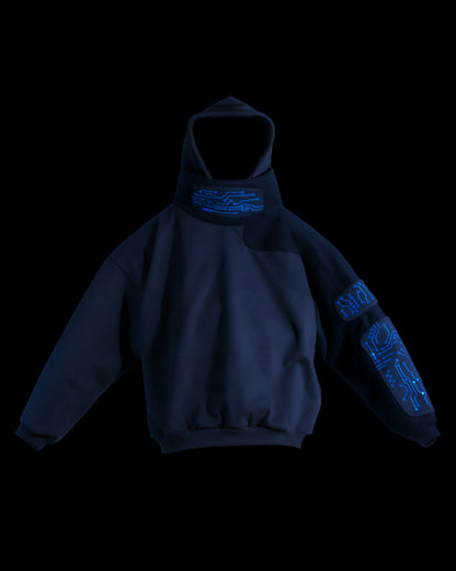 black grid circuit techwear cyberpunk hoodie, front view