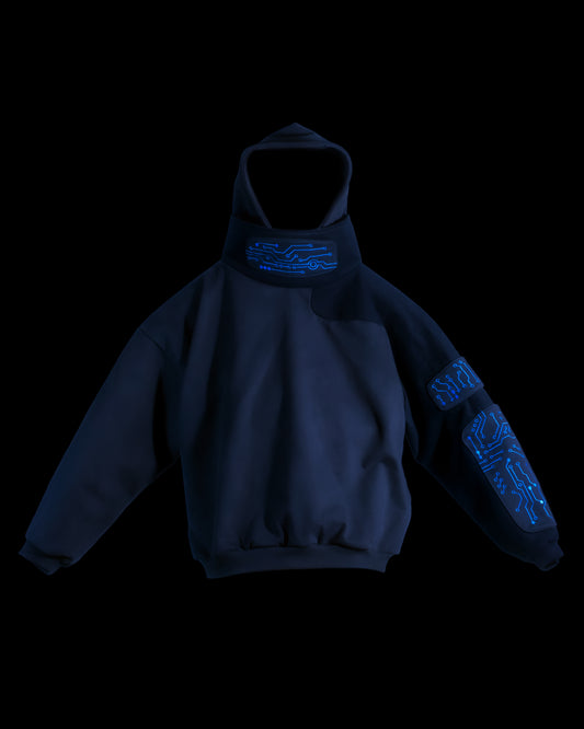 black grid circuit techwear cyberpunk hoodie, front view
