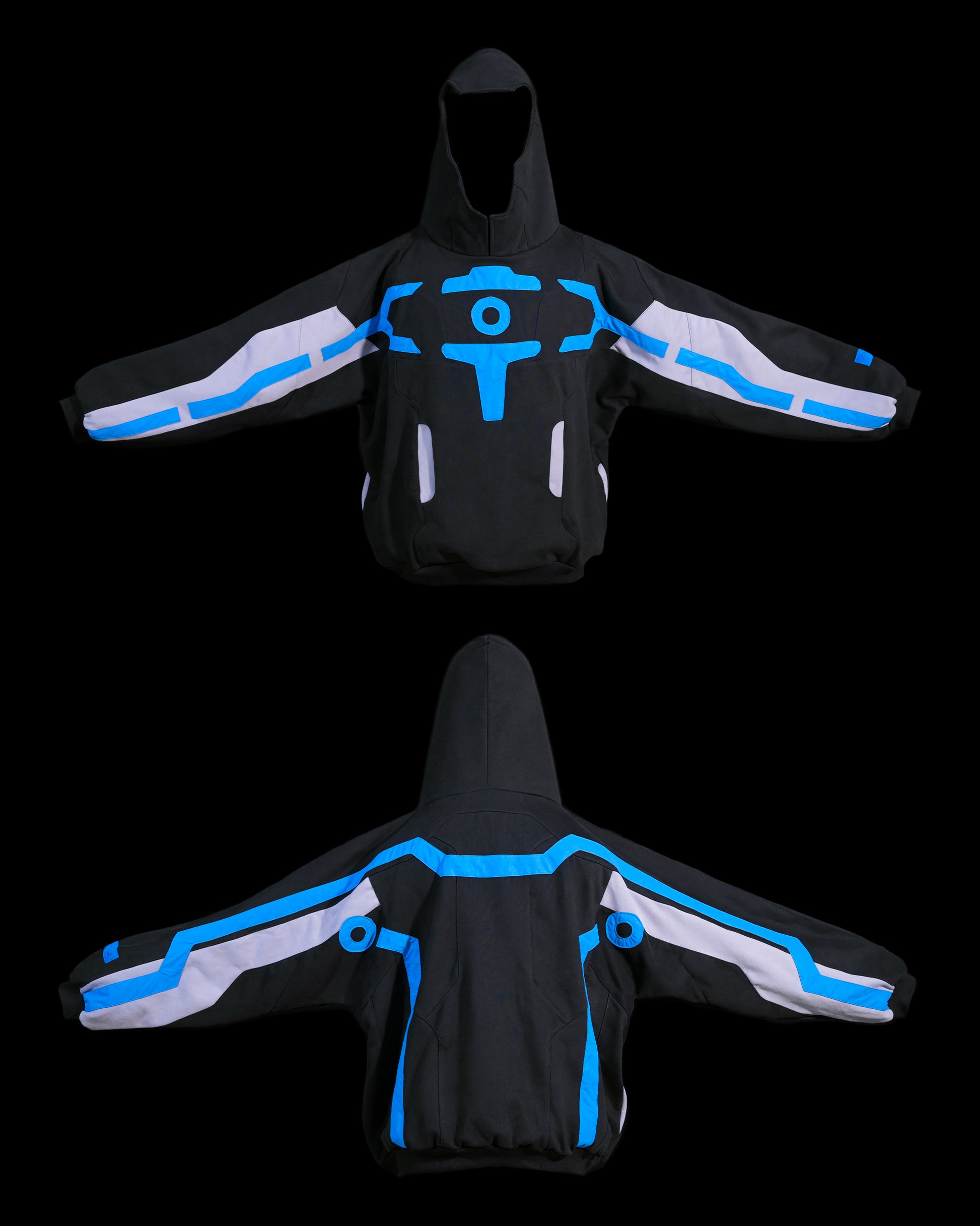 black grid cybercore cyberpunk futuristic hoodie, front and back view