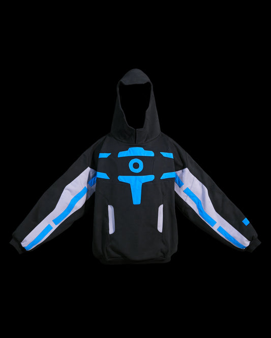 black grid cybercore cyberpunk futuristic hoodie, front view