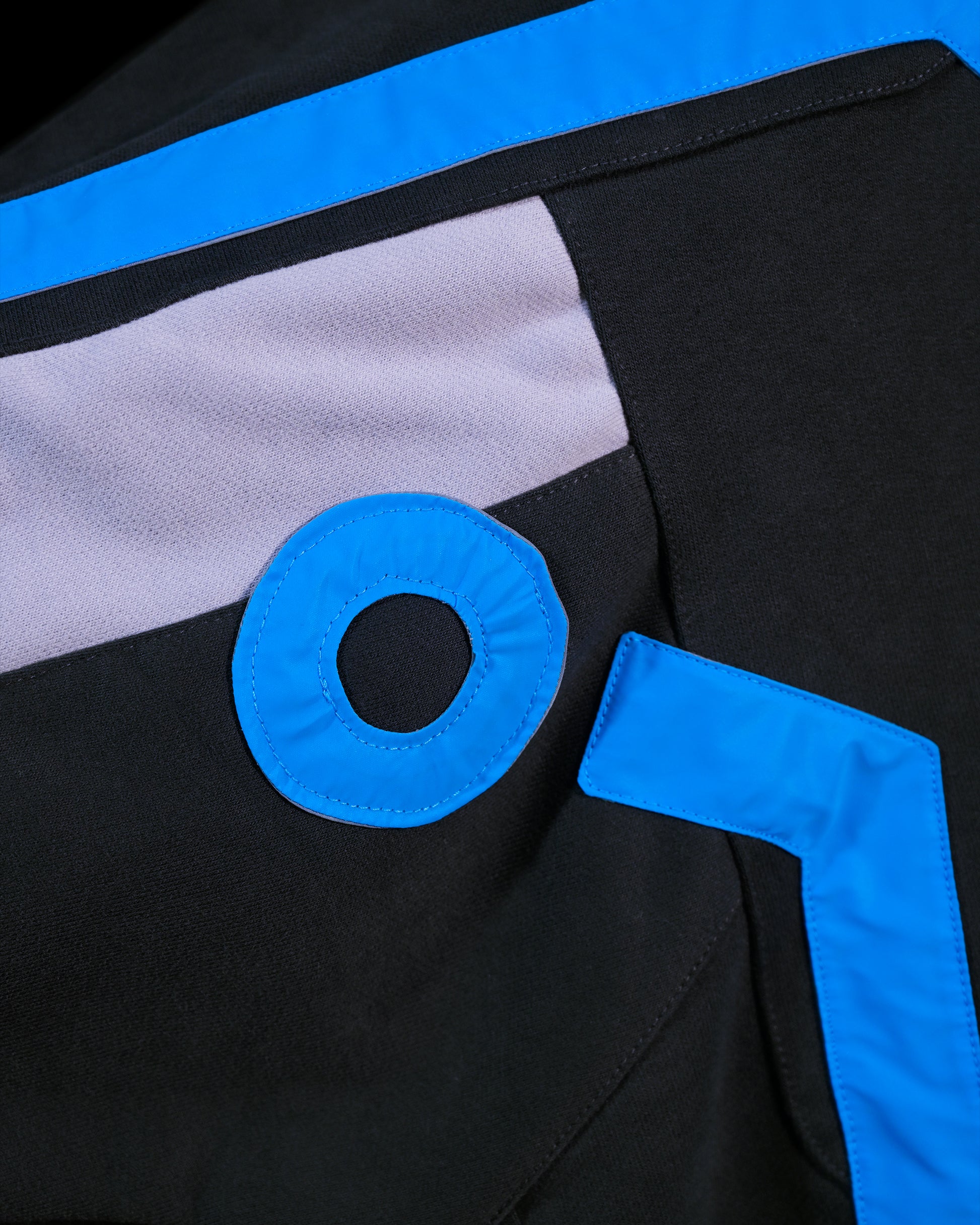 black grid cybercore cyberpunk futuristic hoodie, stitching detail view
