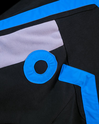black grid cybercore cyberpunk futuristic hoodie, stitching detail view