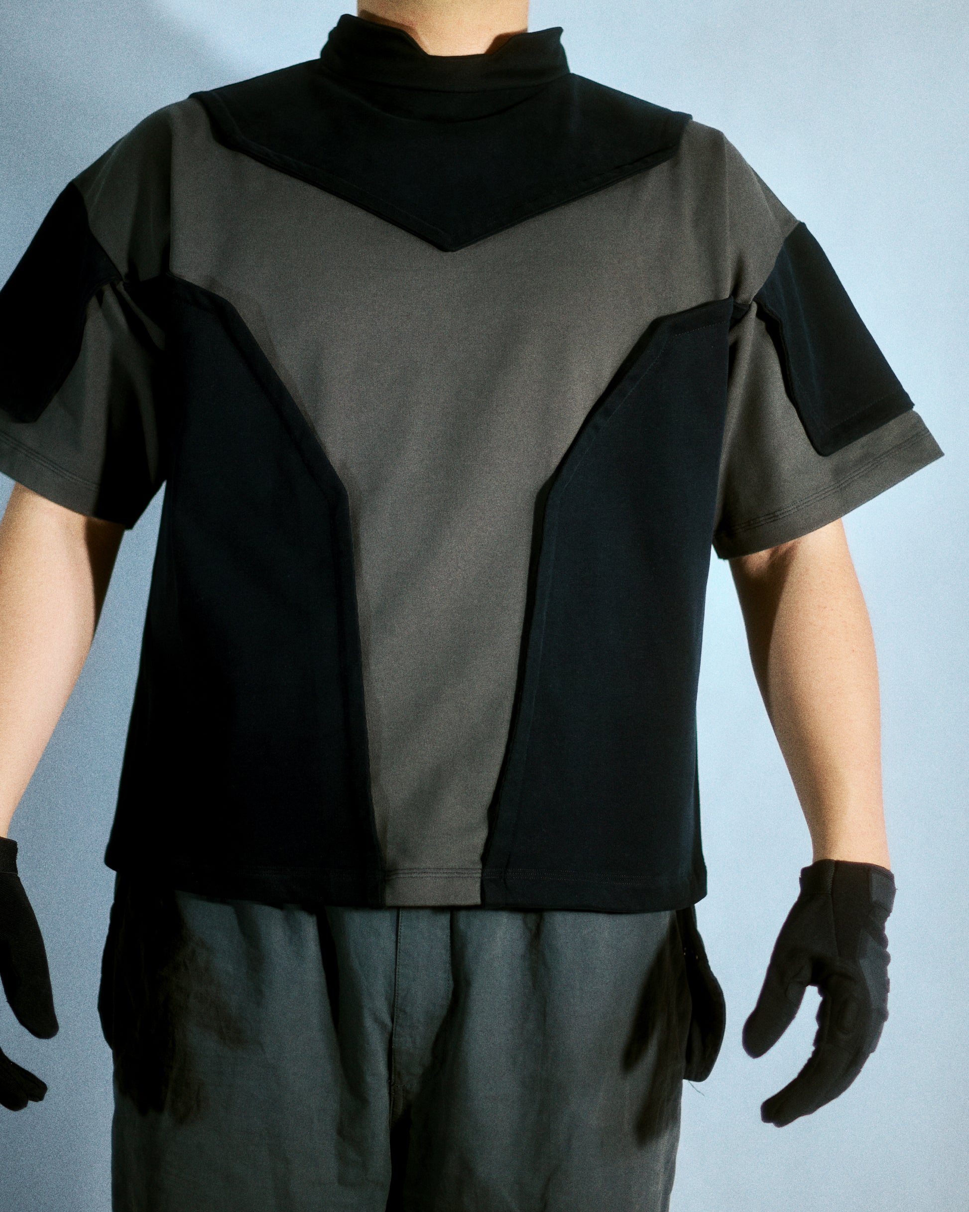 black heavyweight hydraulic future wear cybernetic tee, front model view