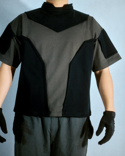 black heavyweight hydraulic future wear cybernetic tee, front model view