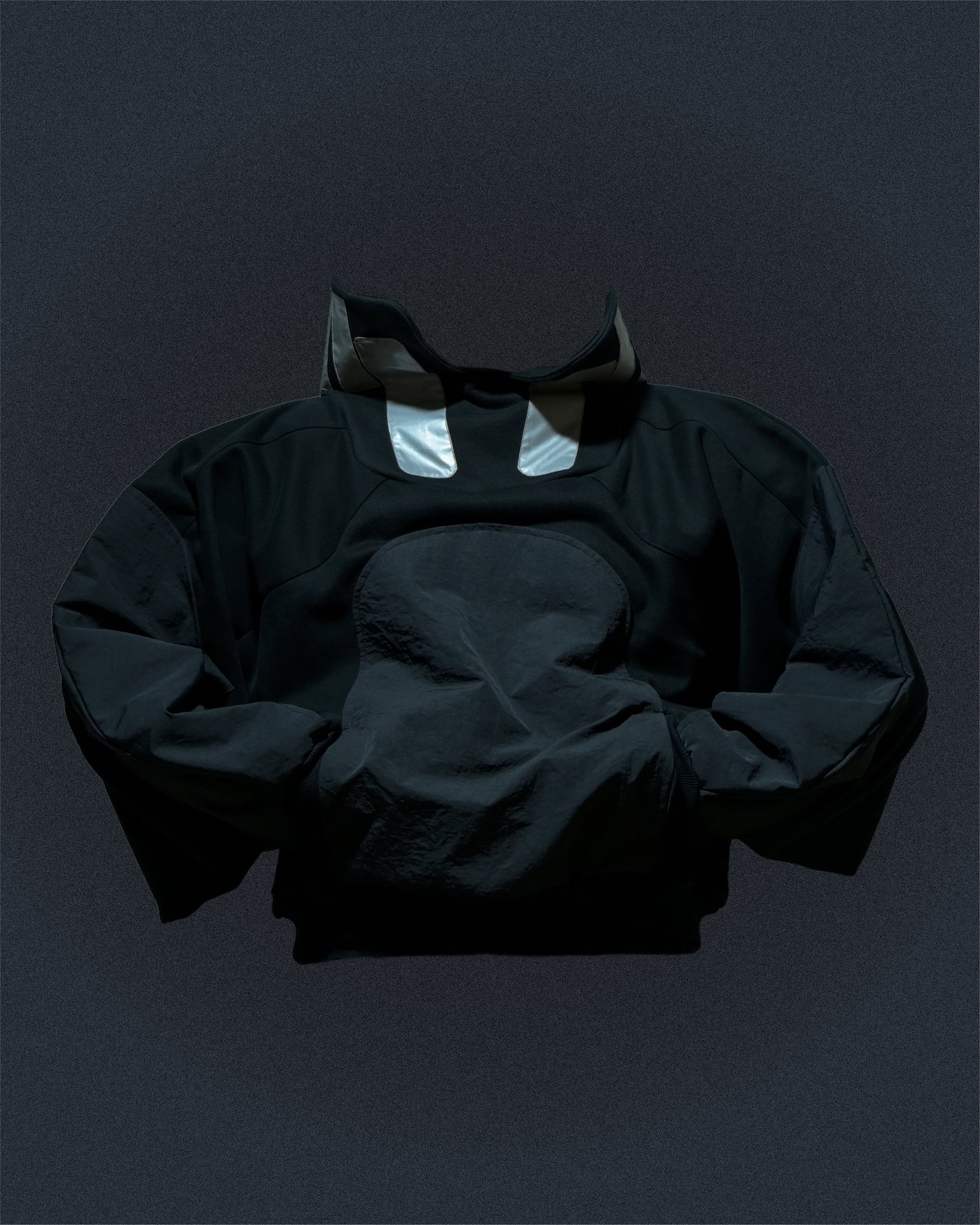 black lunar sci-fi clothing space sweater, front pocket view