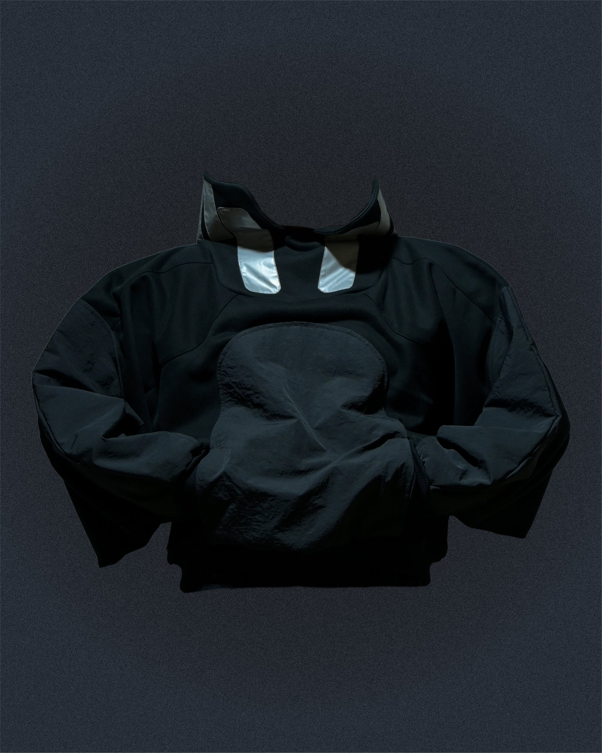 black lunar sci-fi clothing space sweater, front pocket view