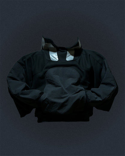 black lunar sci-fi clothing space sweater, front pocket view