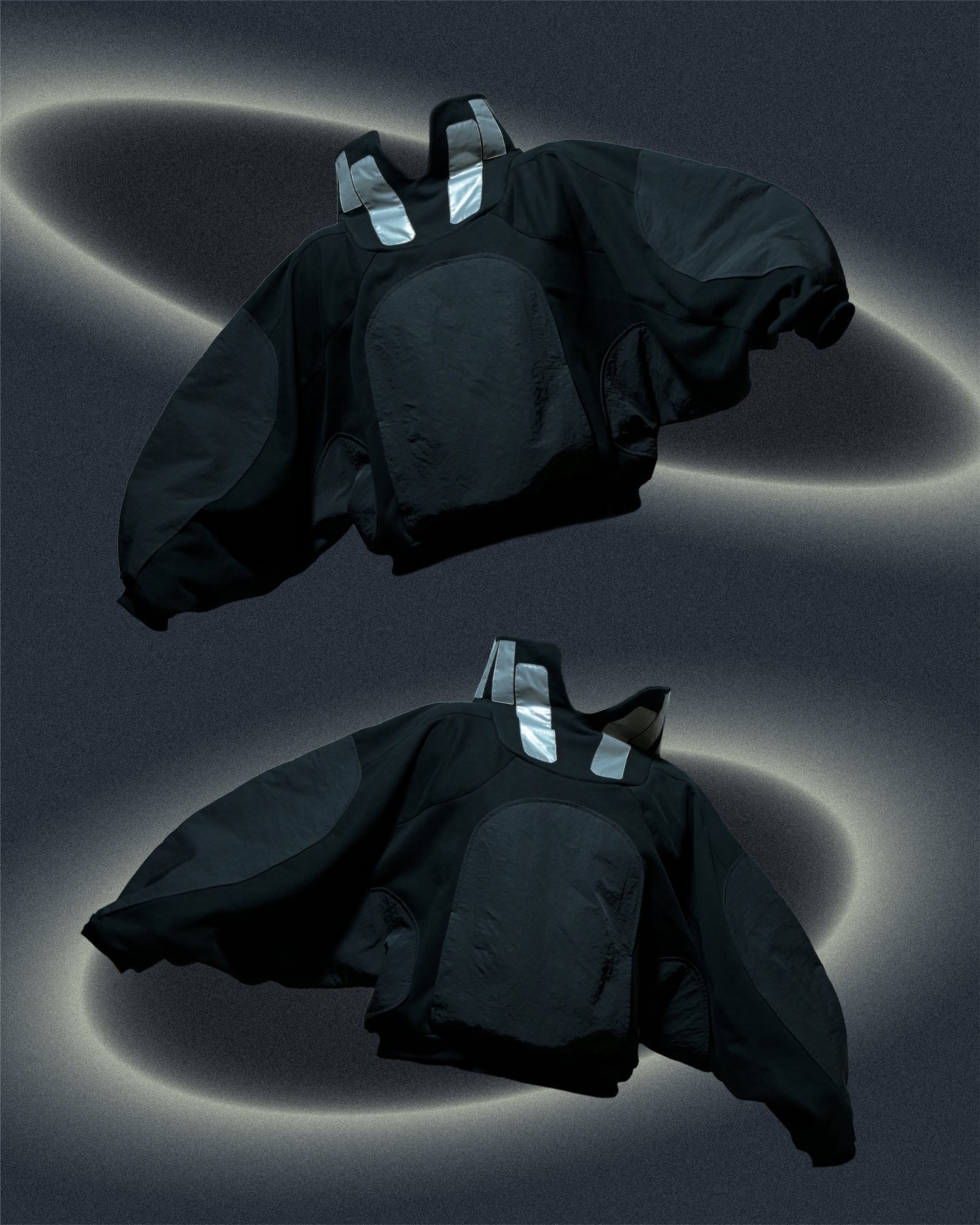 black lunar sci-fi clothing space sweater, two front view