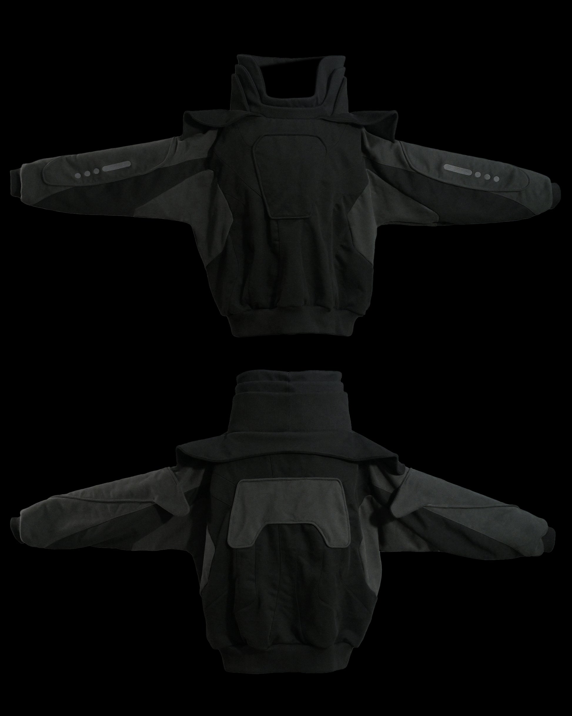 black space futuristic oversized archive sweater, front and back view