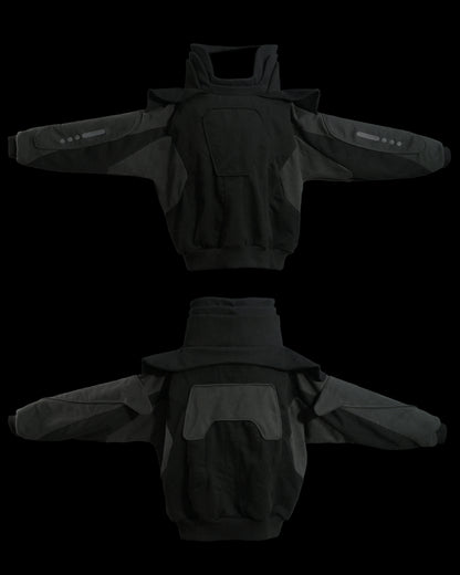 black space futuristic oversized archive sweater, front and back view