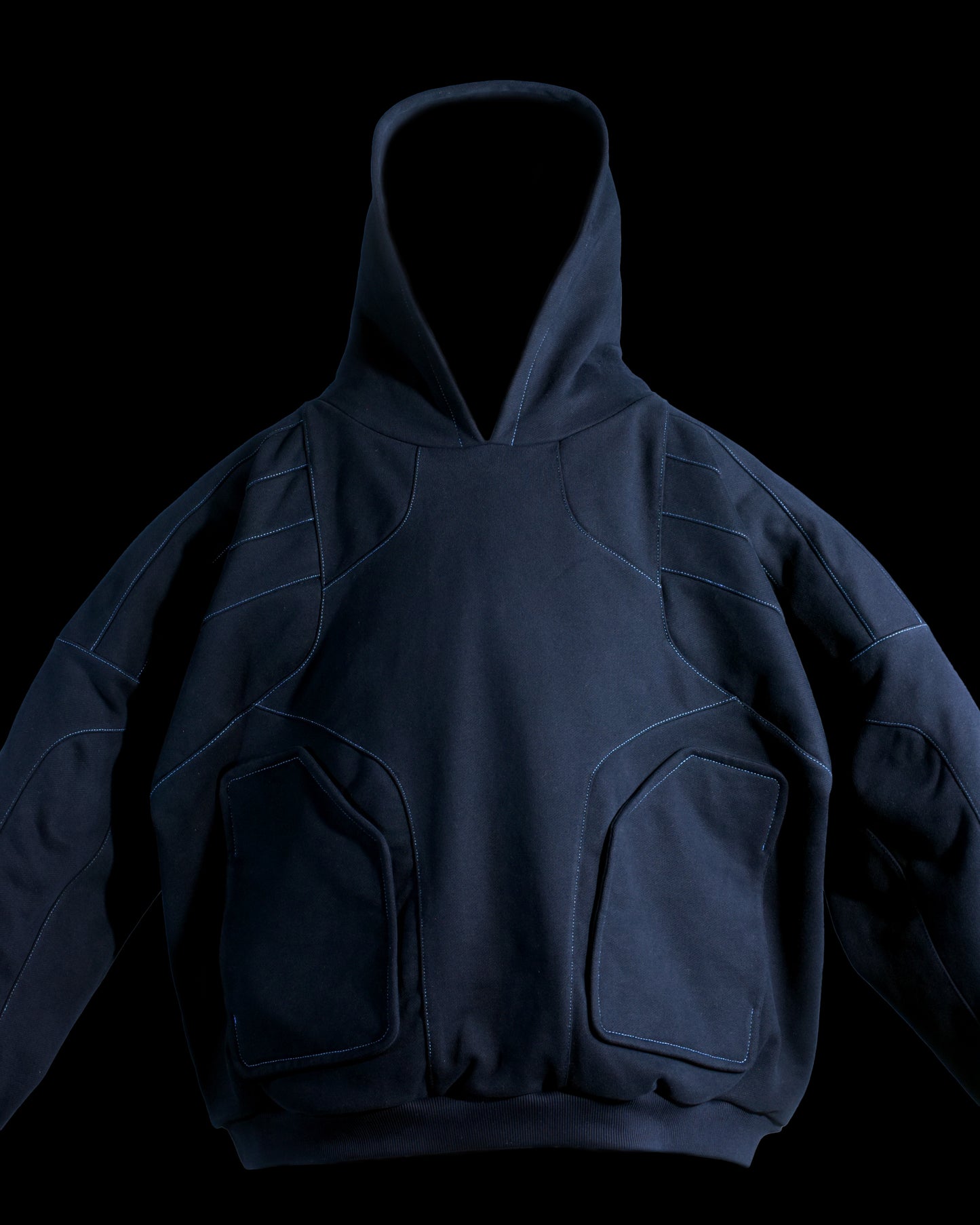 black streetwear dark future modular hoodie, front close up view
