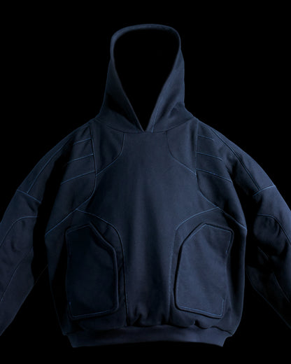 black streetwear dark future modular hoodie, front close up view