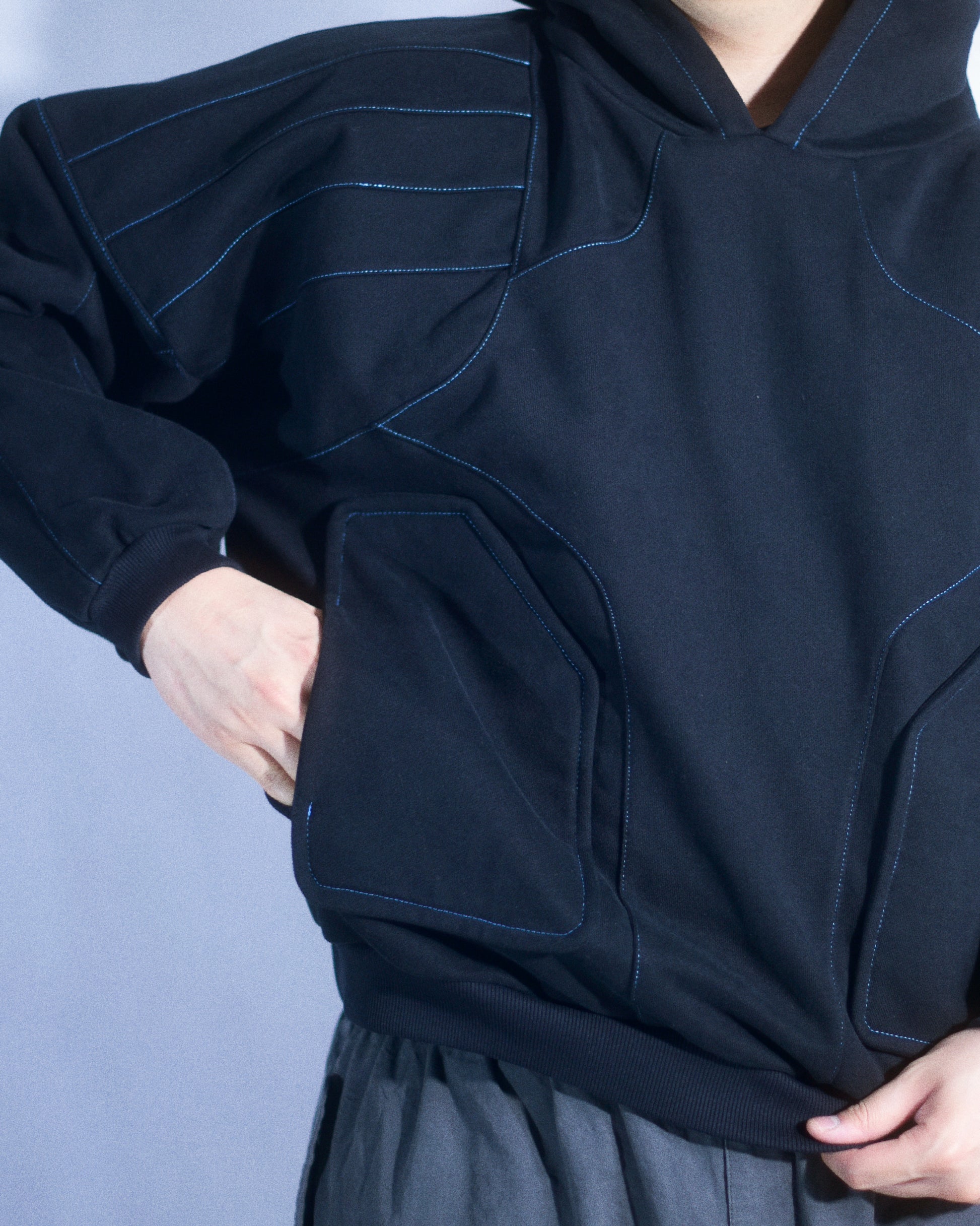 black streetwear dark future modular hoodie, model view 1