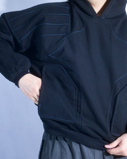 black streetwear dark future modular hoodie, model view 1