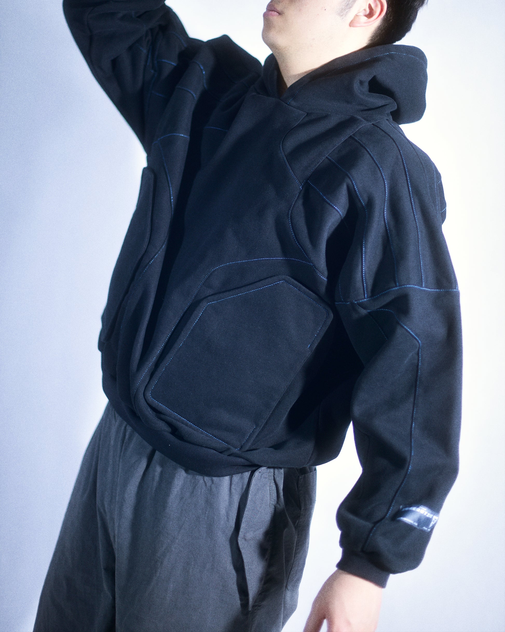 black streetwear dark future modular hoodie, model view 2