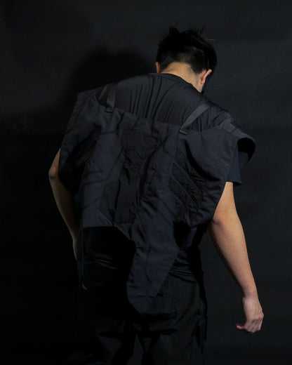 black tactical military dystopian vest, back model view